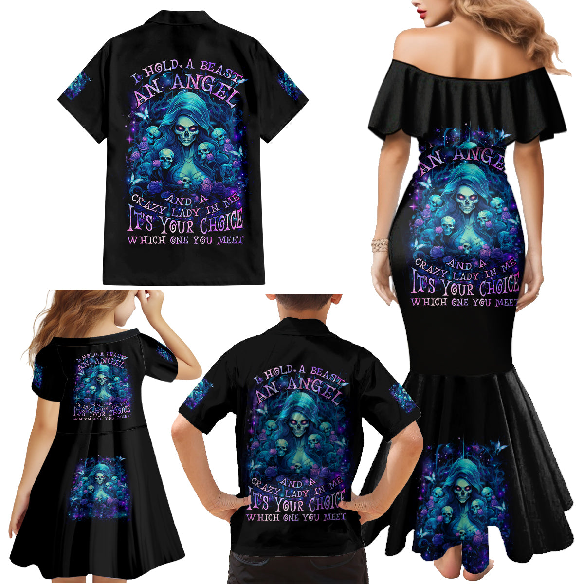 Flame Skull Family Matching Mermaid Dress and Hawaiian Shirt If You Kick Me When I'm Down You Better Pray I Don't Get Up - Wonder Print Shop