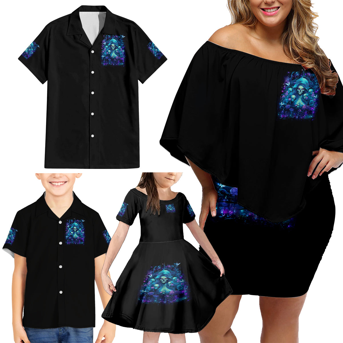 Flame Skull Family Matching Off Shoulder Short Dress and Hawaiian Shirt If You Kick Me When I'm Down You Better Pray I Don't Get Up - Wonder Print Shop