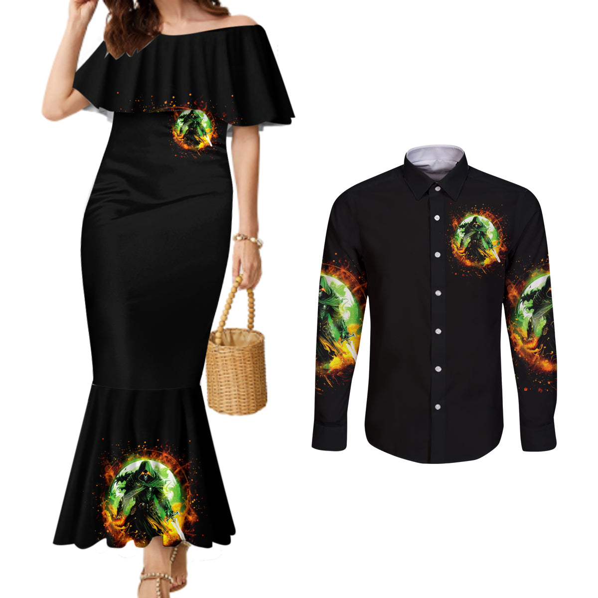 Fairy Skull Couples Matching Mermaid Dress and Long Sleeve Button Shirt In My Next Life I Want To Be The Karme Fairy