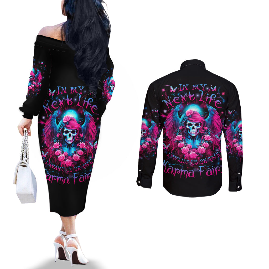 Witch Skull Couples Matching Off The Shoulder Long Sleeve Dress and Long Sleeve Button Shirt Buckle Up Buttercup You Just Flipped My Bitch Switch