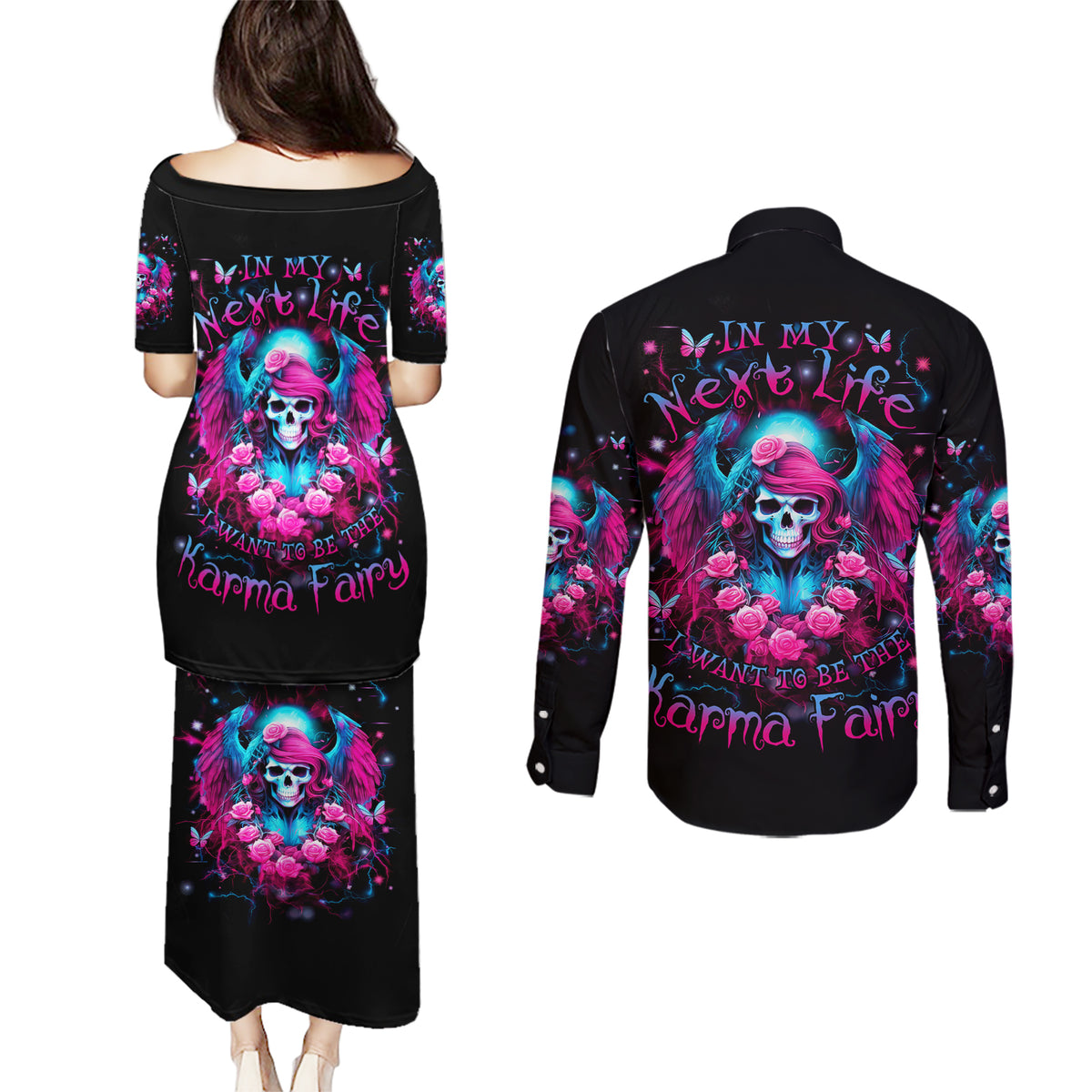 Witch Skull Couples Matching Puletasi and Long Sleeve Button Shirt Buckle Up Buttercup You Just Flipped My Bitch Switch - Wonder Print Shop