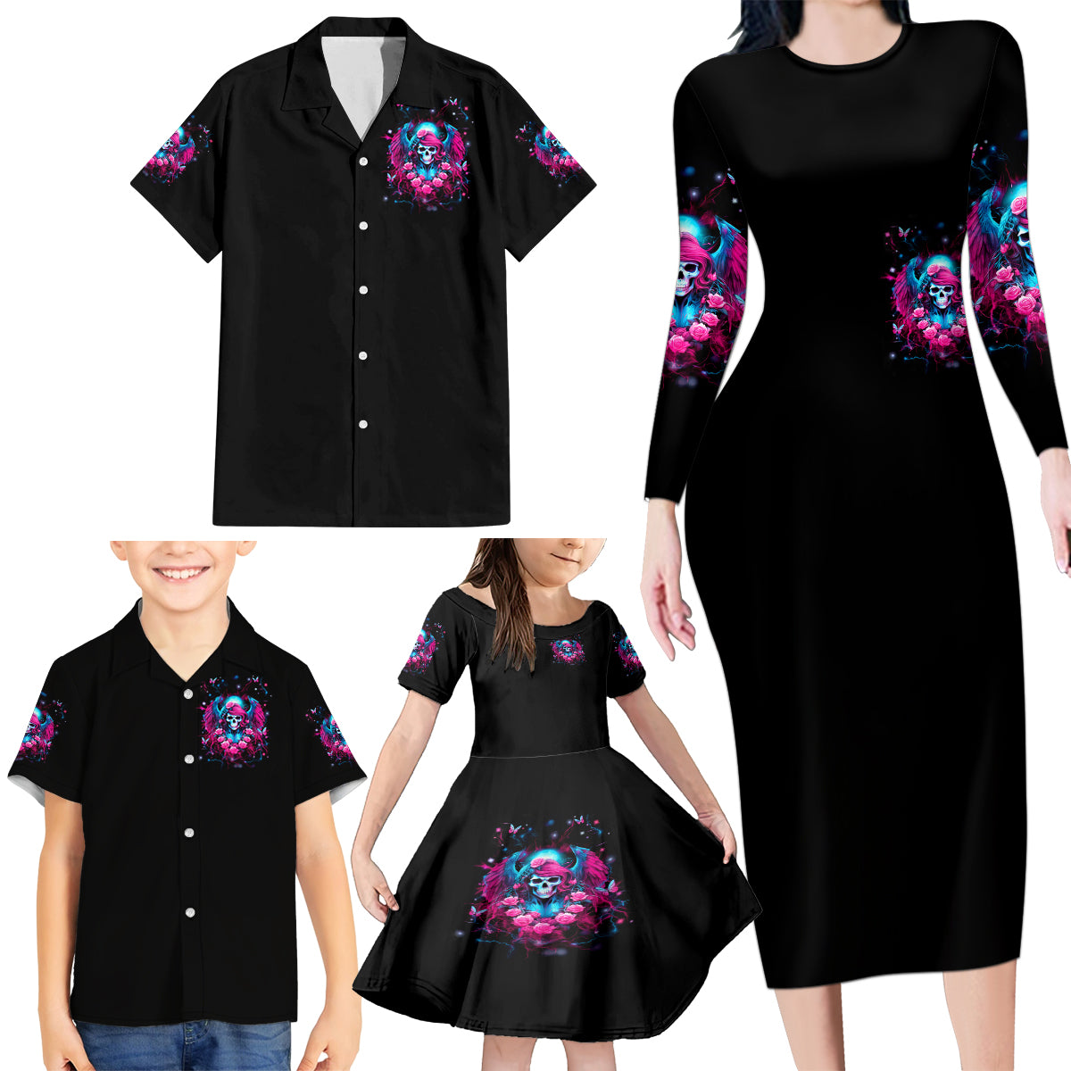 Witch Skull Family Matching Long Sleeve Bodycon Dress and Hawaiian Shirt Buckle Up Buttercup You Just Flipped My Bitch Switch - Wonder Print Shop