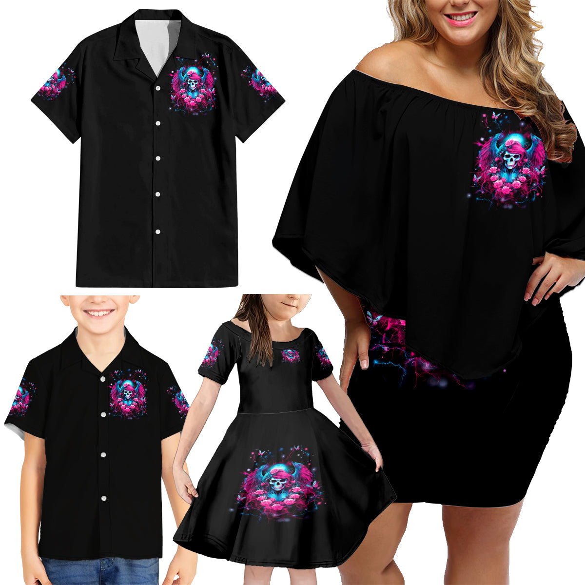 Witch Skull Family Matching Off Shoulder Short Dress and Hawaiian Shirt Buckle Up Buttercup You Just Flipped My Bitch Switch - Wonder Print Shop