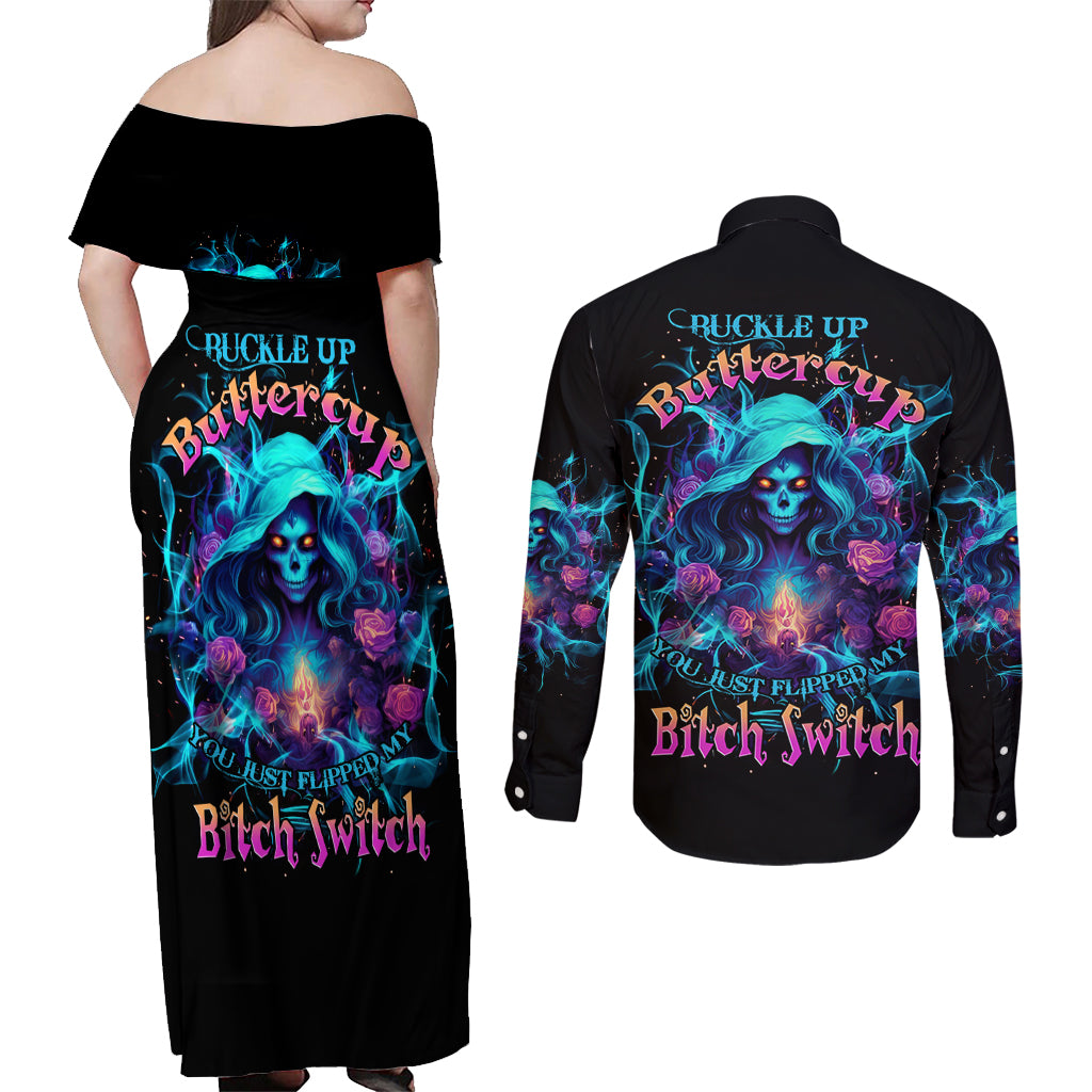 Witch Skull Couples Matching Off Shoulder Maxi Dress and Long Sleeve Button Shirt I'm A Good Person But Don't Give Me A Reason To Show My Evel Side - Wonder Print Shop