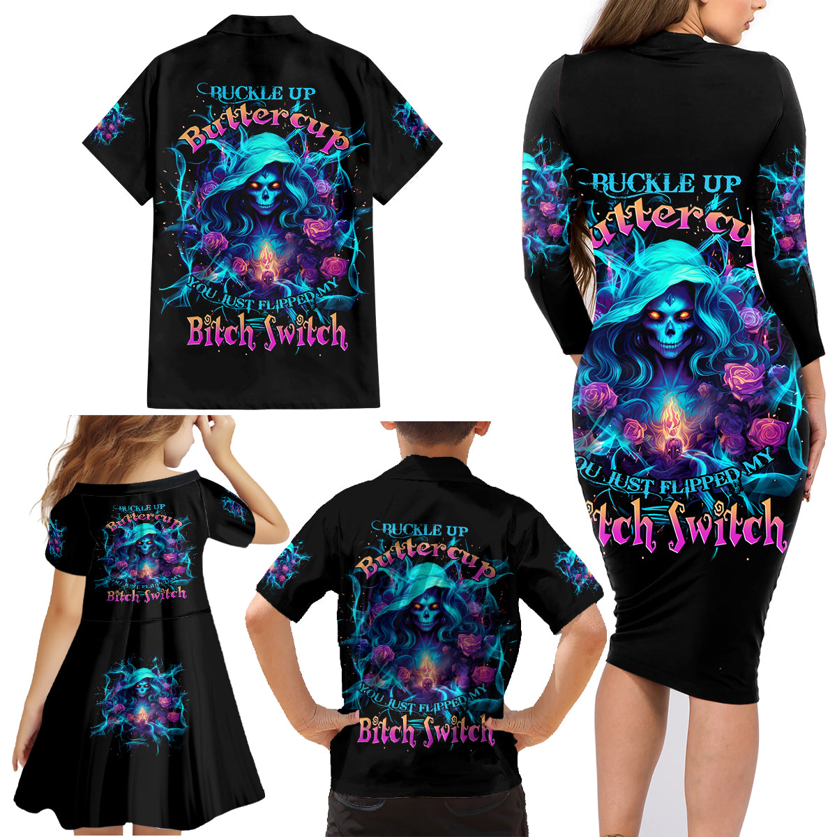 Witch Skull Family Matching Long Sleeve Bodycon Dress and Hawaiian Shirt I'm A Good Person But Don't Give Me A Reason To Show My Evel Side - Wonder Print Shop