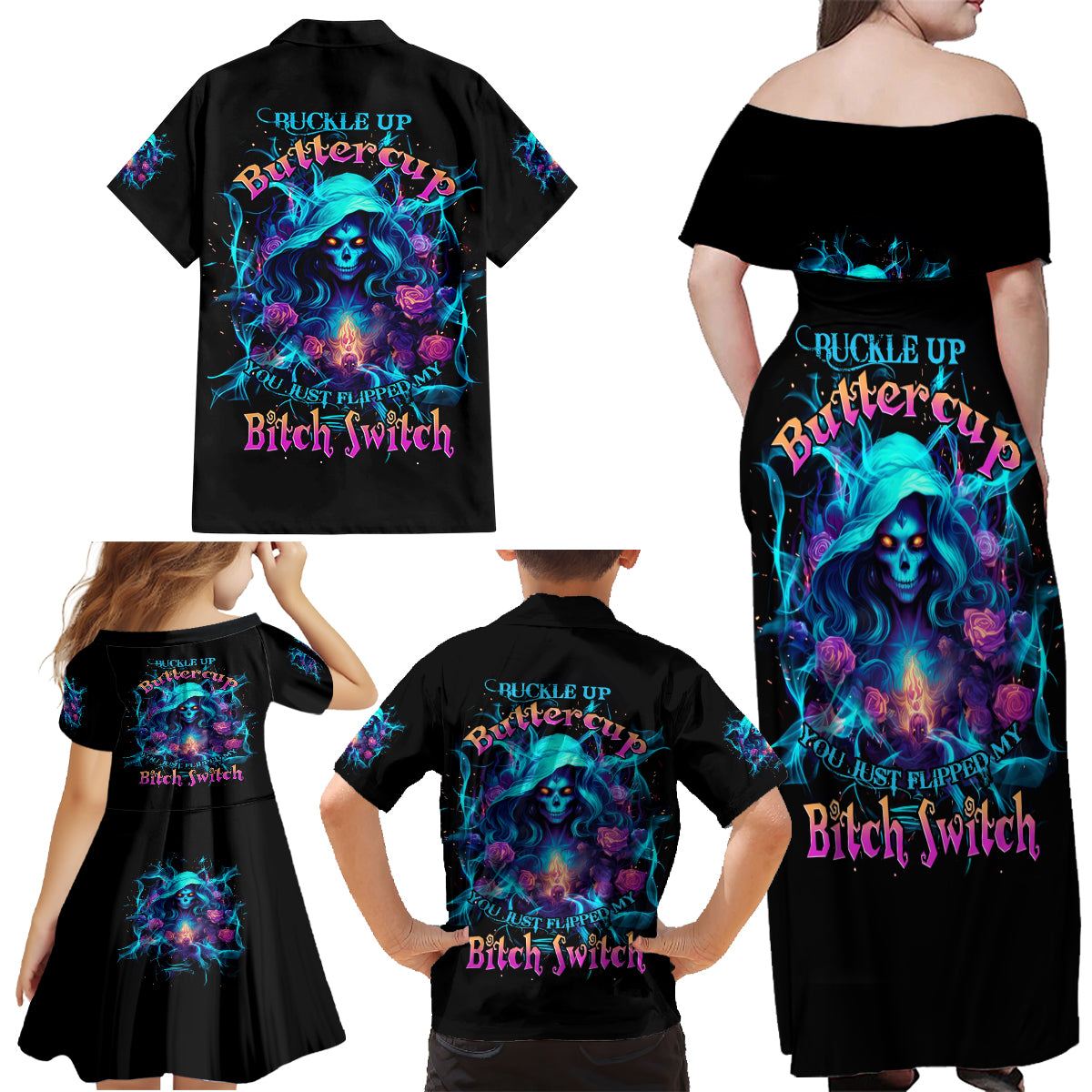 Witch Skull Family Matching Off Shoulder Maxi Dress and Hawaiian Shirt I'm A Good Person But Don't Give Me A Reason To Show My Evel Side - Wonder Print Shop