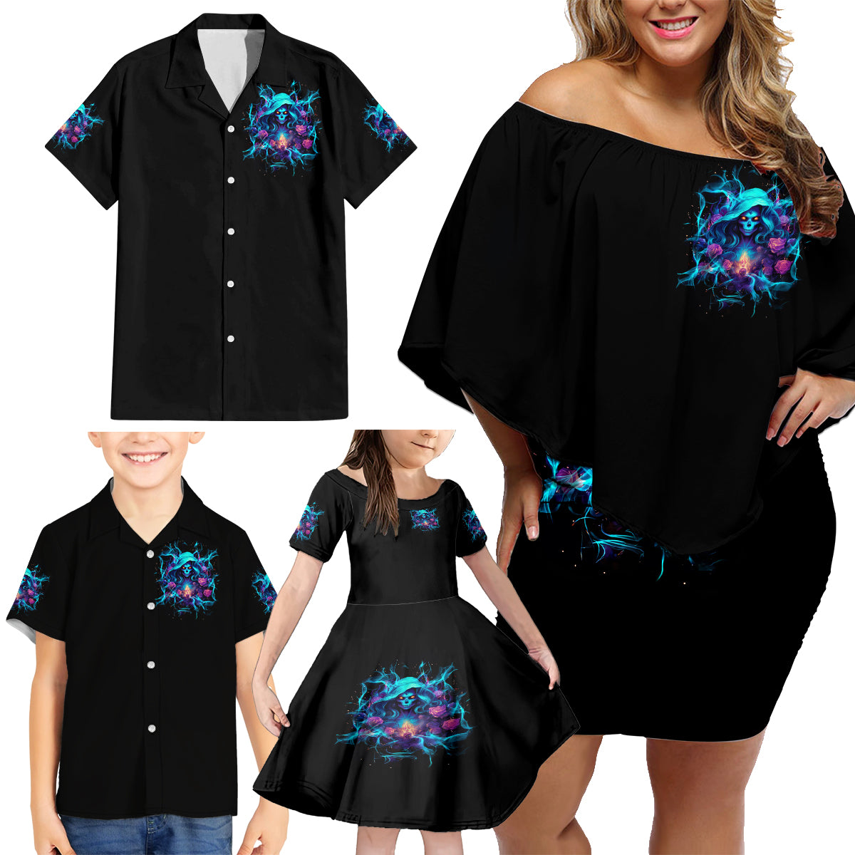 Witch Skull Family Matching Off Shoulder Short Dress and Hawaiian Shirt I'm A Good Person But Don't Give Me A Reason To Show My Evel Side - Wonder Print Shop