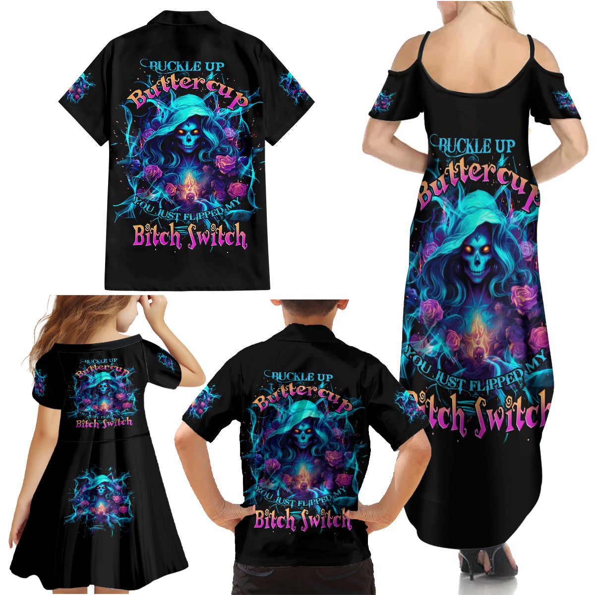 Witch Skull Family Matching Summer Maxi Dress and Hawaiian Shirt I'm A Good Person But Don't Give Me A Reason To Show My Evel Side - Wonder Print Shop