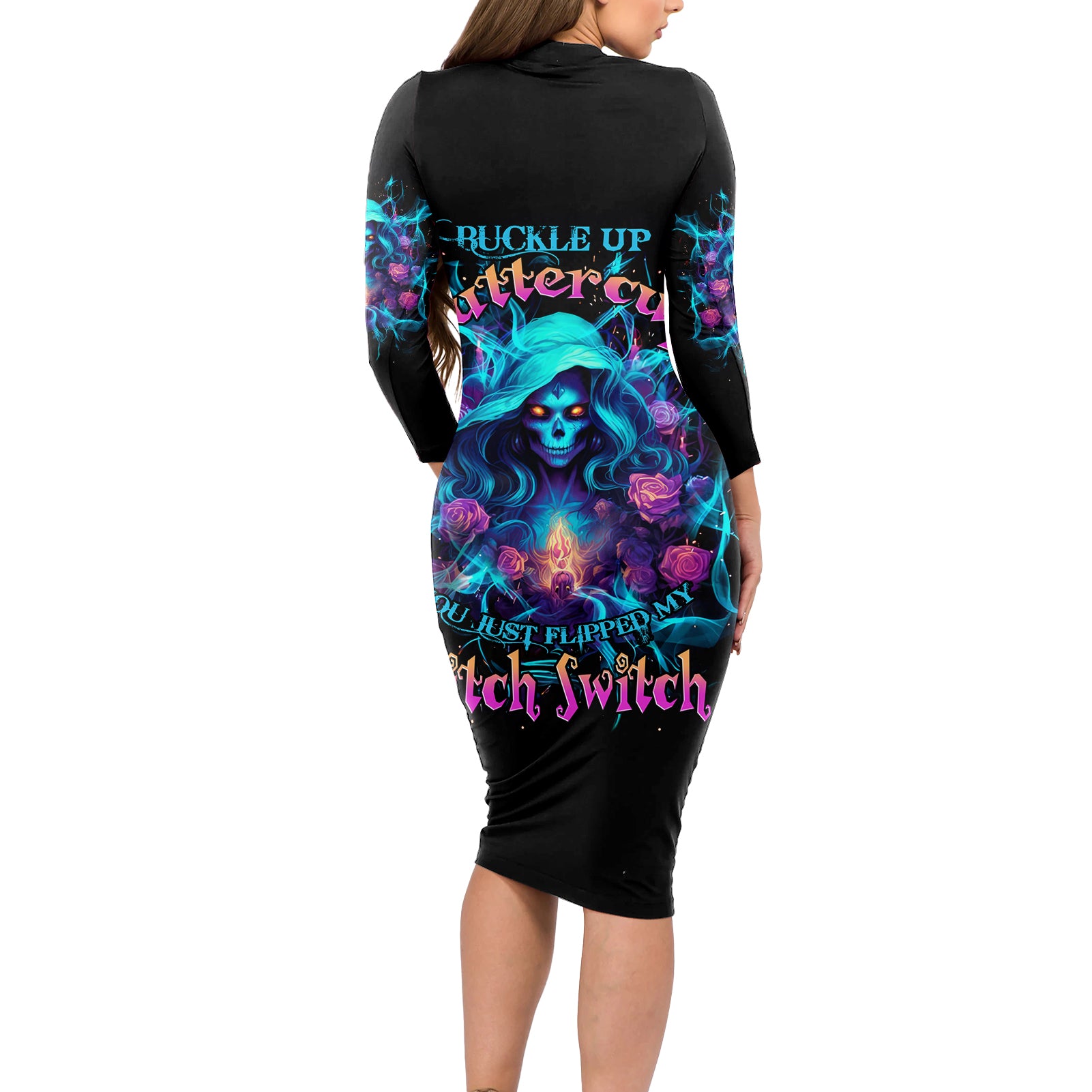 Witch Skull Long Sleeve Bodycon Dress I'm A Good Person But Don't Give Me A Reason To Show My Evel Side - Wonder Print Shop