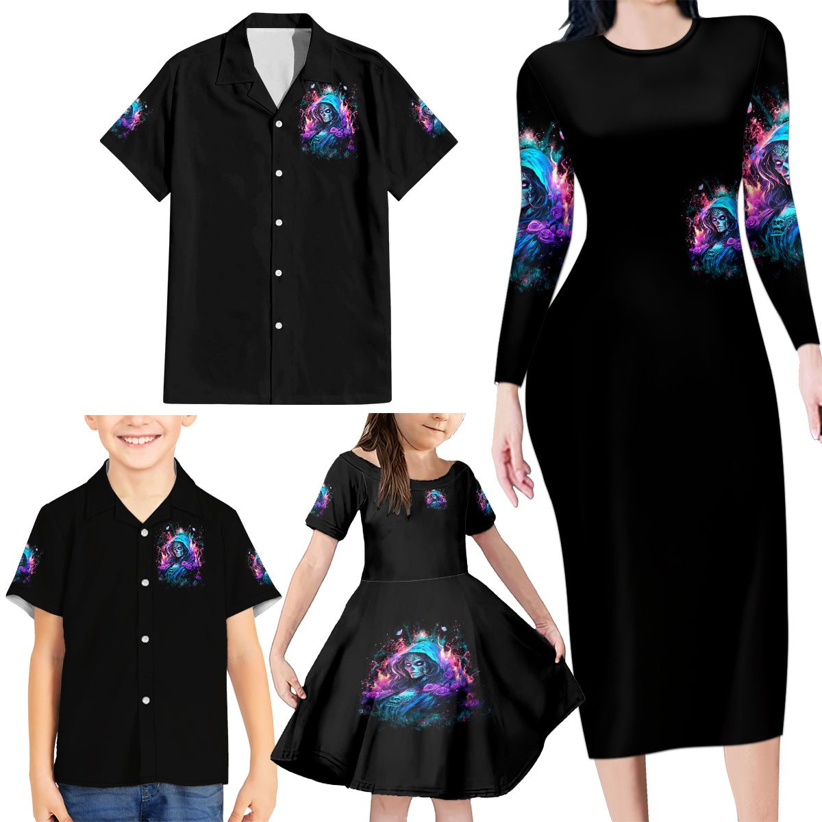 Lady Skull Family Matching Long Sleeve Bodycon Dress and Hawaiian Shirt The Good Girl In Me Got Tired Of The Bullshit - Wonder Print Shop
