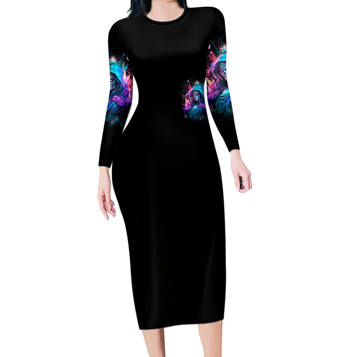 Lady Skull Family Matching Long Sleeve Bodycon Dress and Hawaiian Shirt The Good Girl In Me Got Tired Of The Bullshit - Wonder Print Shop