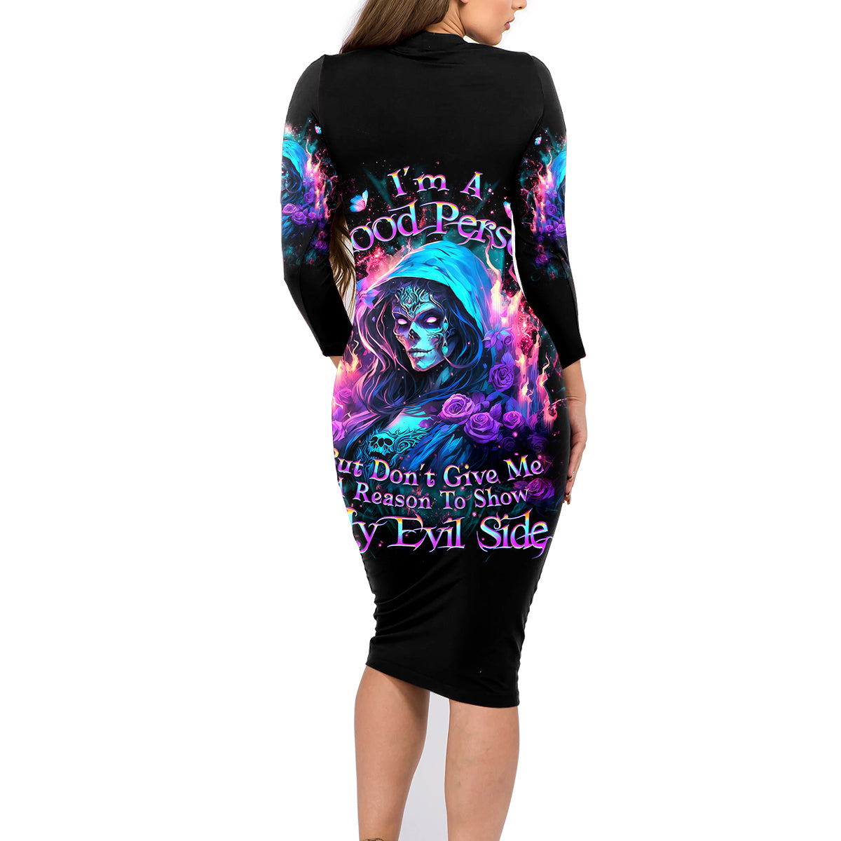Lady Skull Family Matching Long Sleeve Bodycon Dress and Hawaiian Shirt The Good Girl In Me Got Tired Of The Bullshit - Wonder Print Shop
