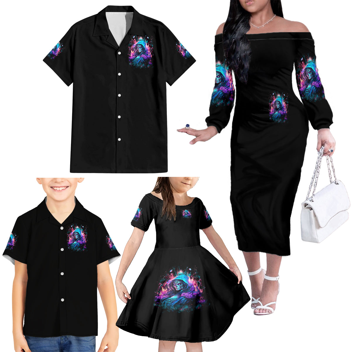 Lady Skull Family Matching Off Shoulder Long Sleeve Dress and Hawaiian Shirt The Good Girl In Me Got Tired Of The Bullshit - Wonder Print Shop