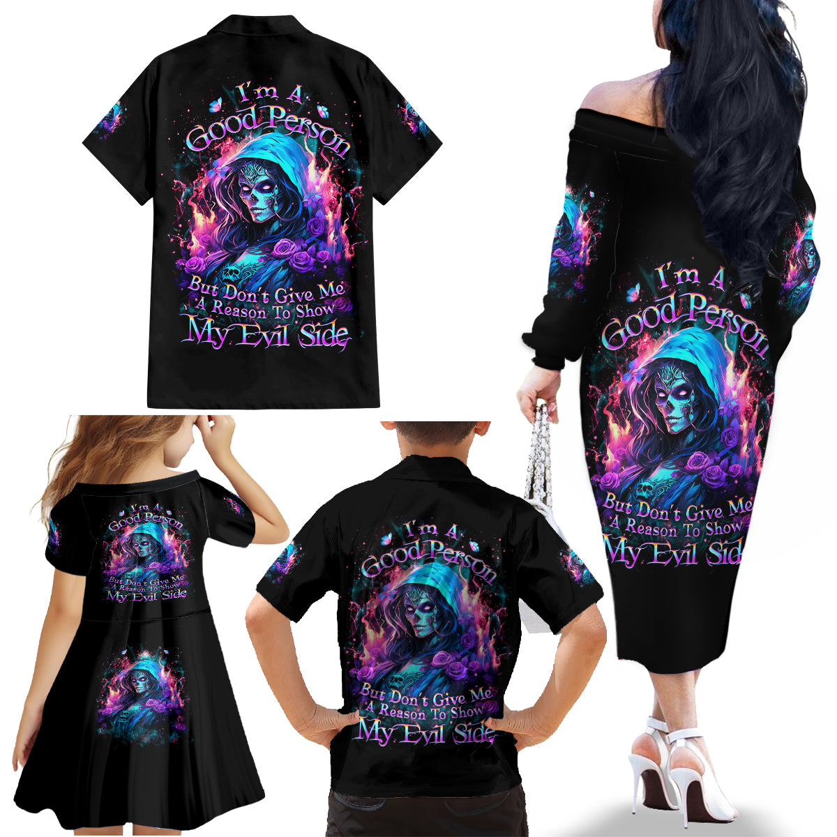 Lady Skull Family Matching Off Shoulder Long Sleeve Dress and Hawaiian Shirt The Good Girl In Me Got Tired Of The Bullshit - Wonder Print Shop