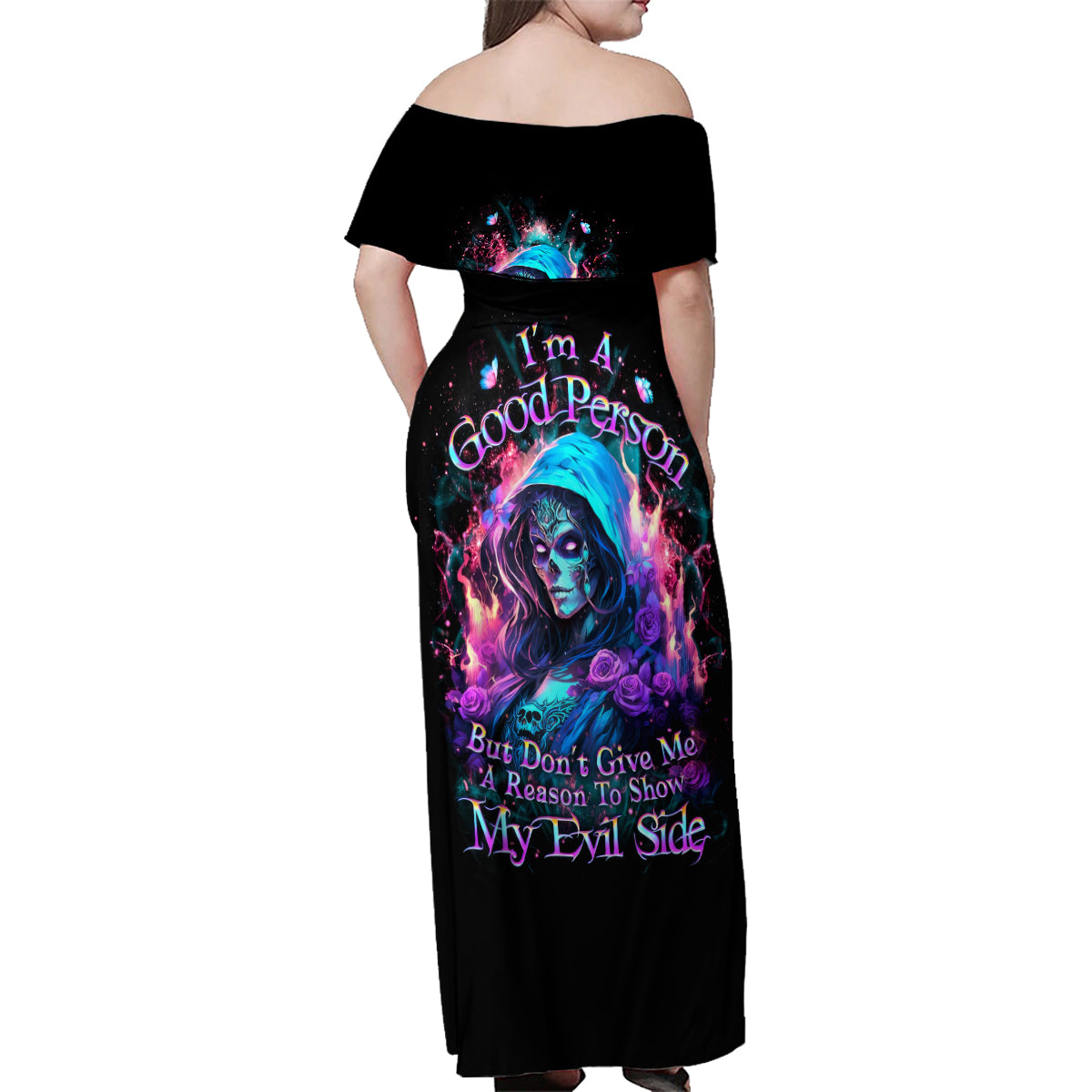 Lady Skull Family Matching Off Shoulder Maxi Dress and Hawaiian Shirt The Good Girl In Me Got Tired Of The Bullshit - Wonder Print Shop