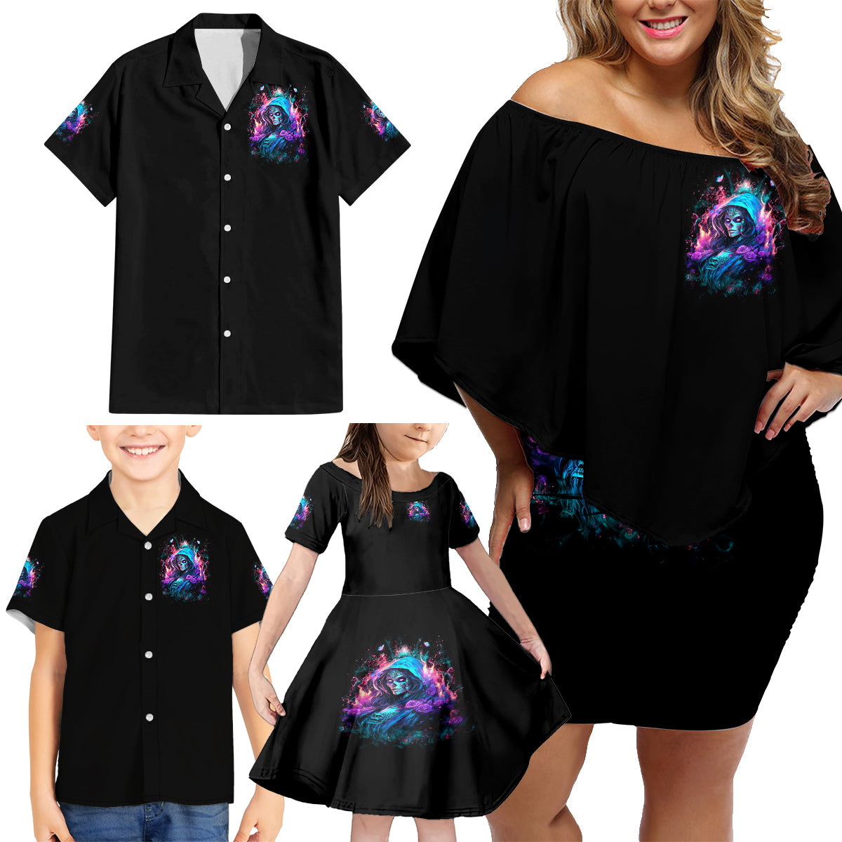 Lady Skull Family Matching Off Shoulder Short Dress and Hawaiian Shirt The Good Girl In Me Got Tired Of The Bullshit - Wonder Print Shop
