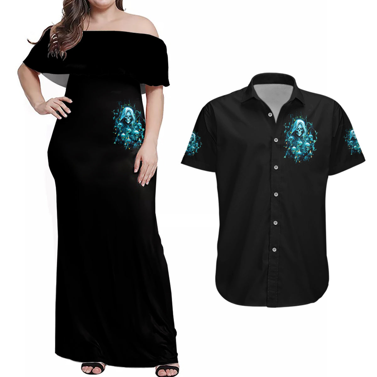 Irsh Girl Skull Couples Matching Off Shoulder Maxi Dress and Hawaiian Shirt Drink Up Bitch - Wonder Print Shop