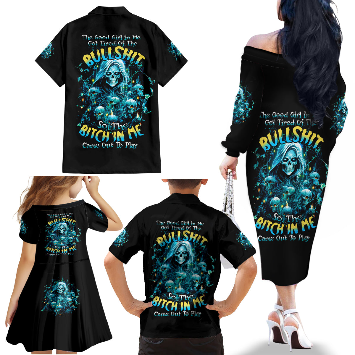 Irsh Girl Skull Family Matching Off Shoulder Long Sleeve Dress and Hawaiian Shirt Drink Up Bitch - Wonder Print Shop