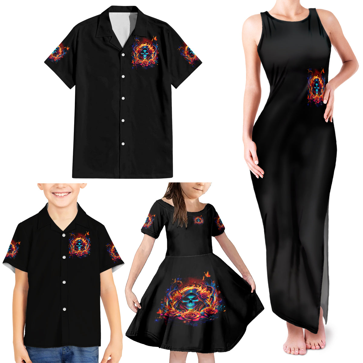 Flame Skull Family Matching Tank Maxi Dress and Hawaiian Shirt Heaven Don't Want Me And Hell's Afraid I'll Take Over - Wonder Print Shop