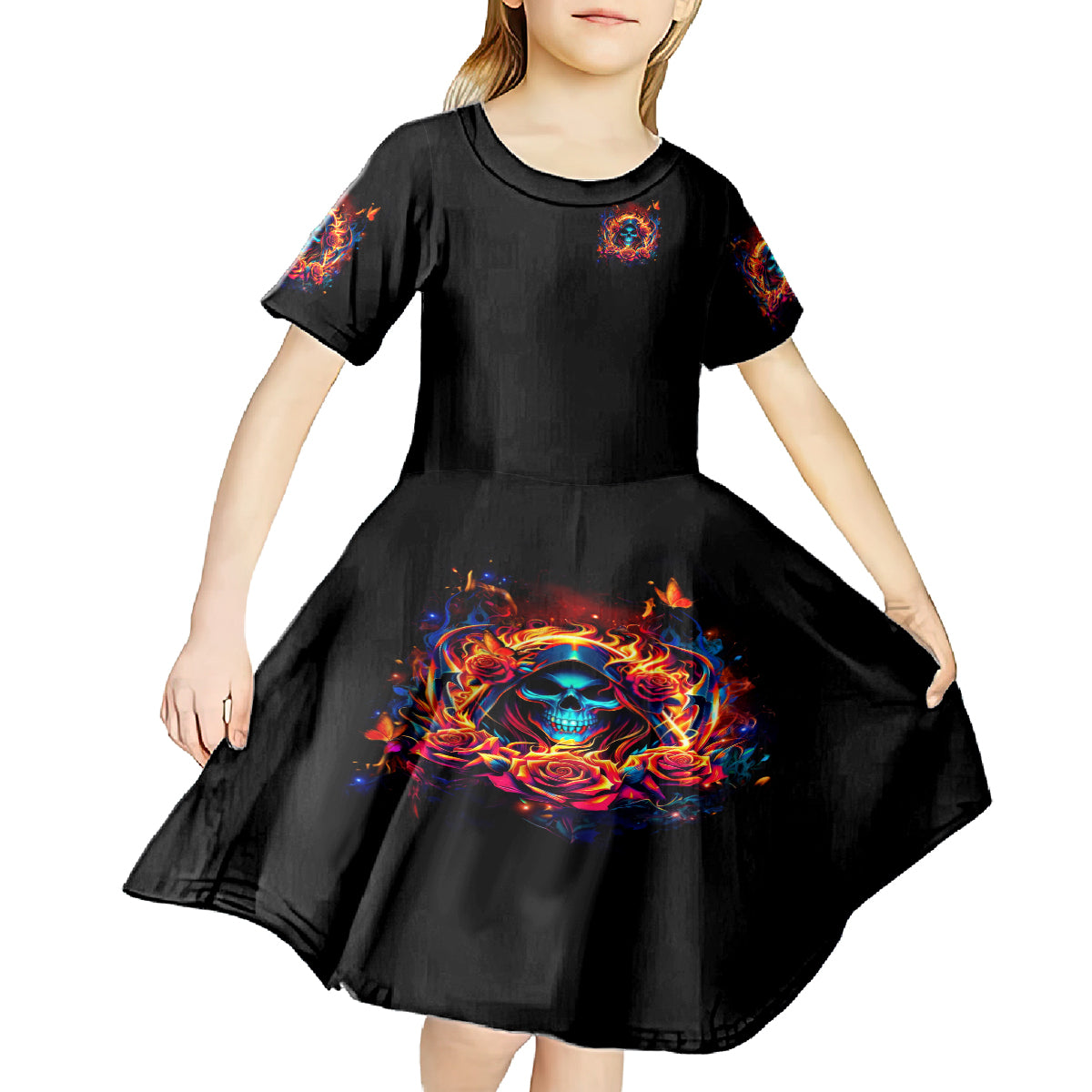 Flame Skull Kid Short Sleeve Dress Heaven Don't Want Me And Hell's Afraid I'll Take Over - Wonder Print Shop