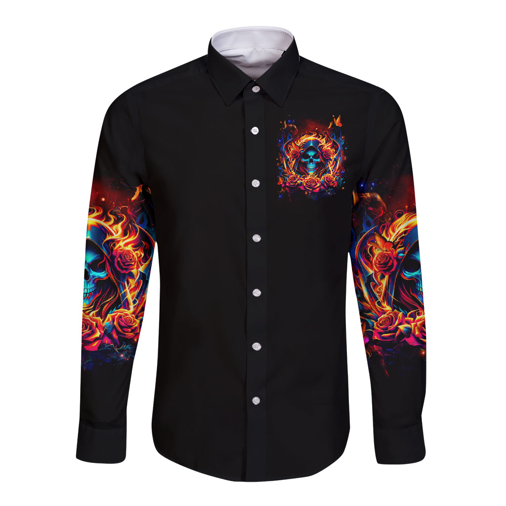 Flame Skull Long Sleeve Button Shirt Heaven Don't Want Me And Hell's Afraid I'll Take Over - Wonder Print Shop