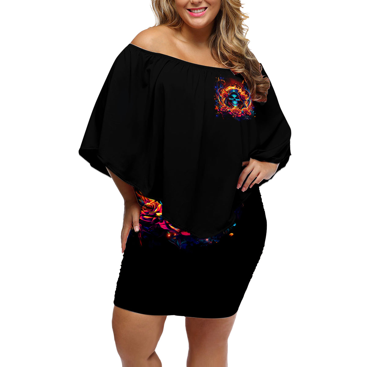 Flame Skull Off Shoulder Short Dress Heaven Don't Want Me And Hell's Afraid I'll Take Over - Wonder Print Shop