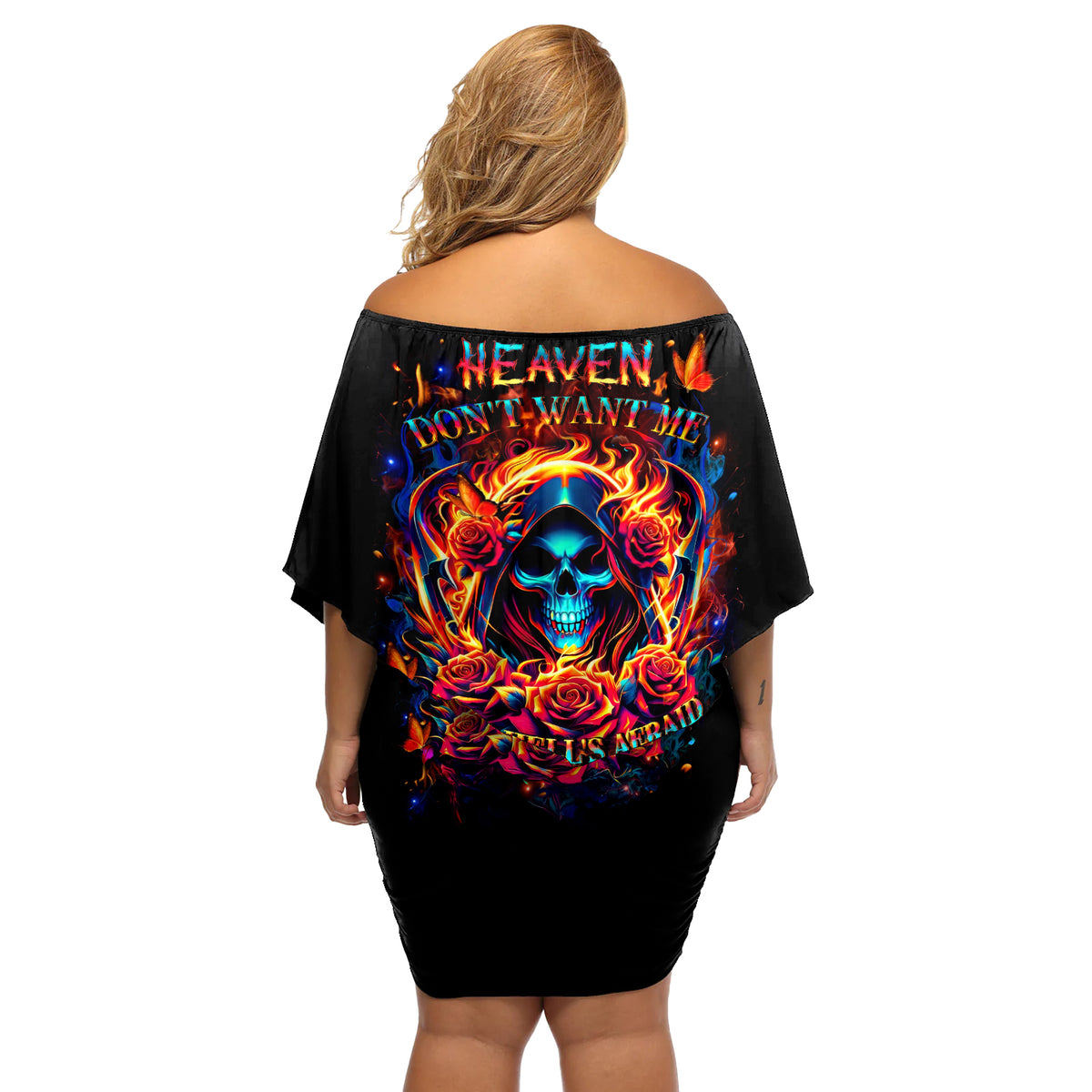 Flame Skull Off Shoulder Short Dress Heaven Don't Want Me And Hell's Afraid I'll Take Over - Wonder Print Shop