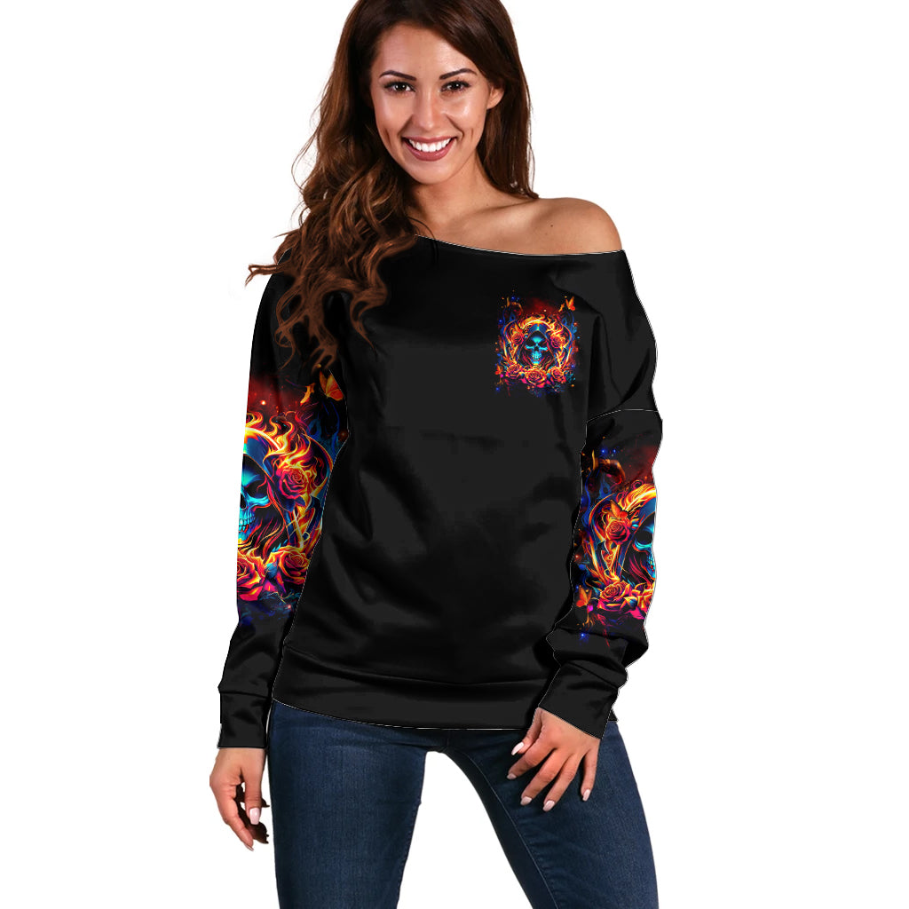 Flame Skull Off Shoulder Sweater Heaven Don't Want Me And Hell's Afraid I'll Take Over - Wonder Print Shop