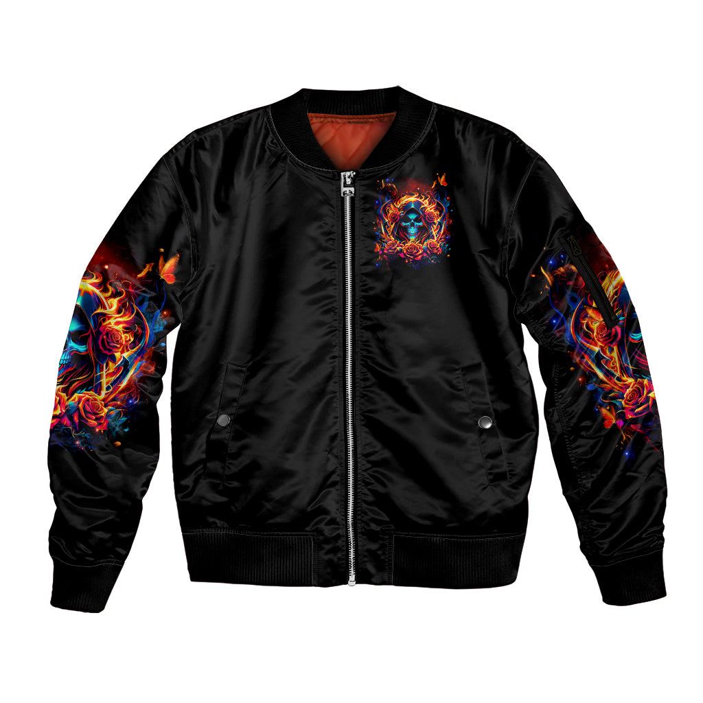 Flame Skull Sleeve Zip Bomber Jacket Heaven Don't Want Me And Hell's Afraid I'll Take Over - Wonder Print Shop