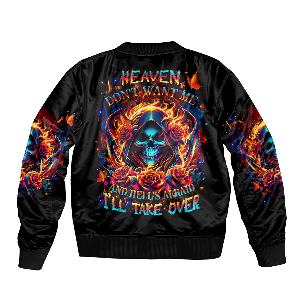 Flame Skull Sleeve Zip Bomber Jacket Heaven Don't Want Me And Hell's Afraid I'll Take Over - Wonder Print Shop