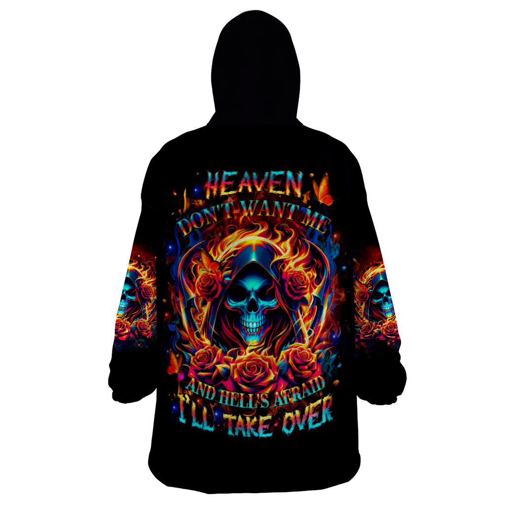 Flame Skull Wearable Blanket Hoodie Heaven Don't Want Me And Hell's Afraid I'll Take Over - Wonder Print Shop