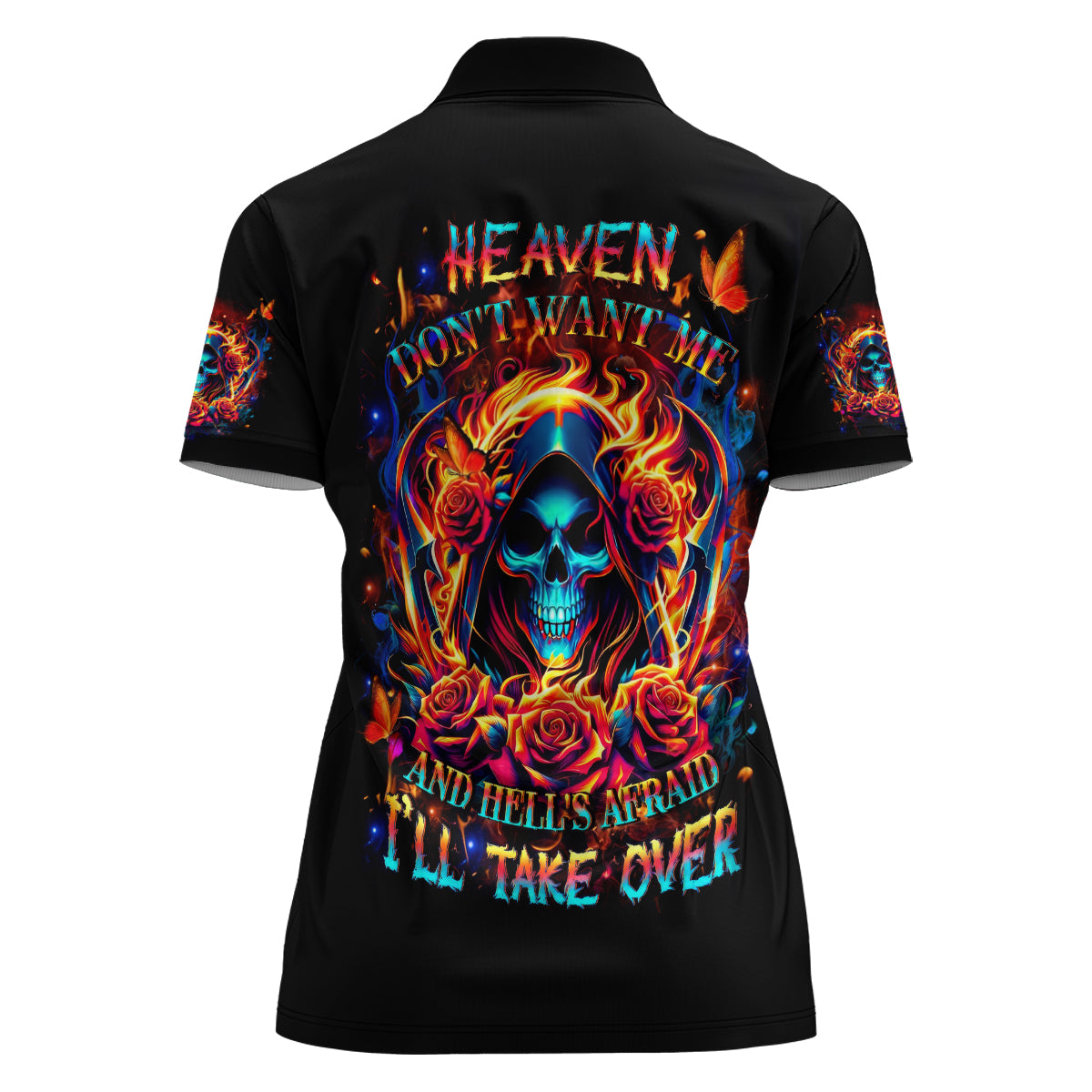 Flame Skull Women Polo Shirt Heaven Don't Want Me And Hell's Afraid I'll Take Over - Wonder Print Shop