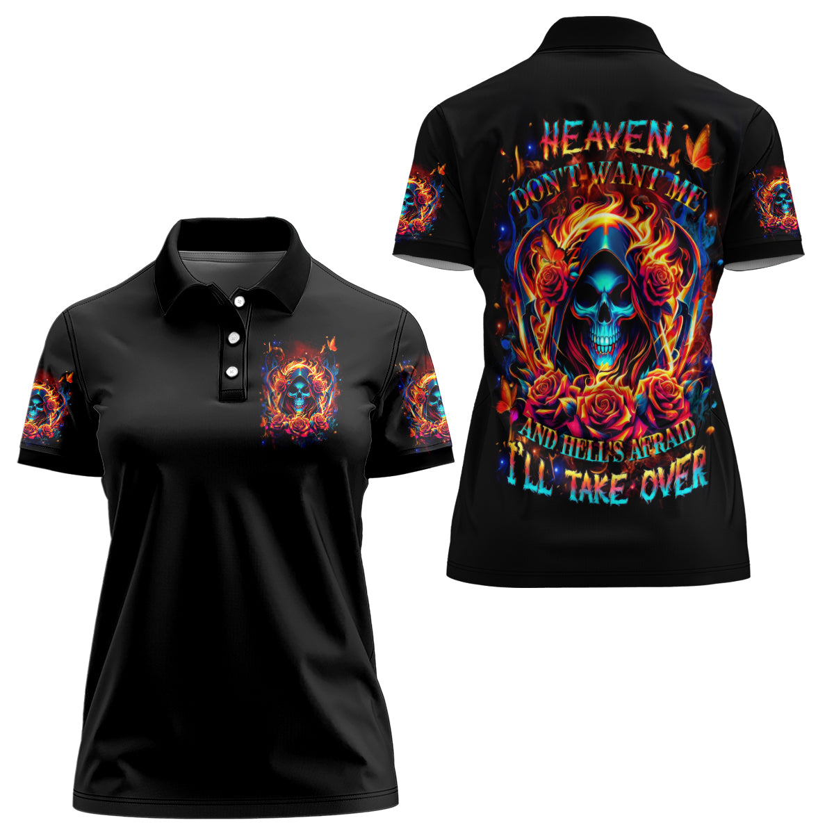 Flame Skull Women Polo Shirt Heaven Don't Want Me And Hell's Afraid I'll Take Over - Wonder Print Shop
