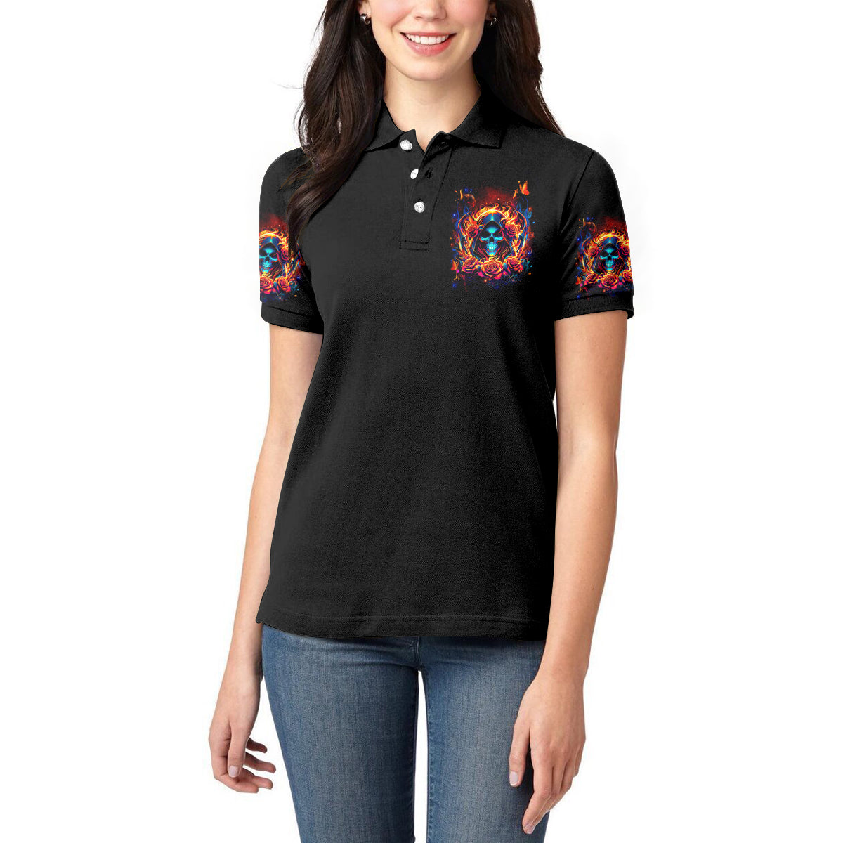 Flame Skull Women Polo Shirt Heaven Don't Want Me And Hell's Afraid I'll Take Over - Wonder Print Shop