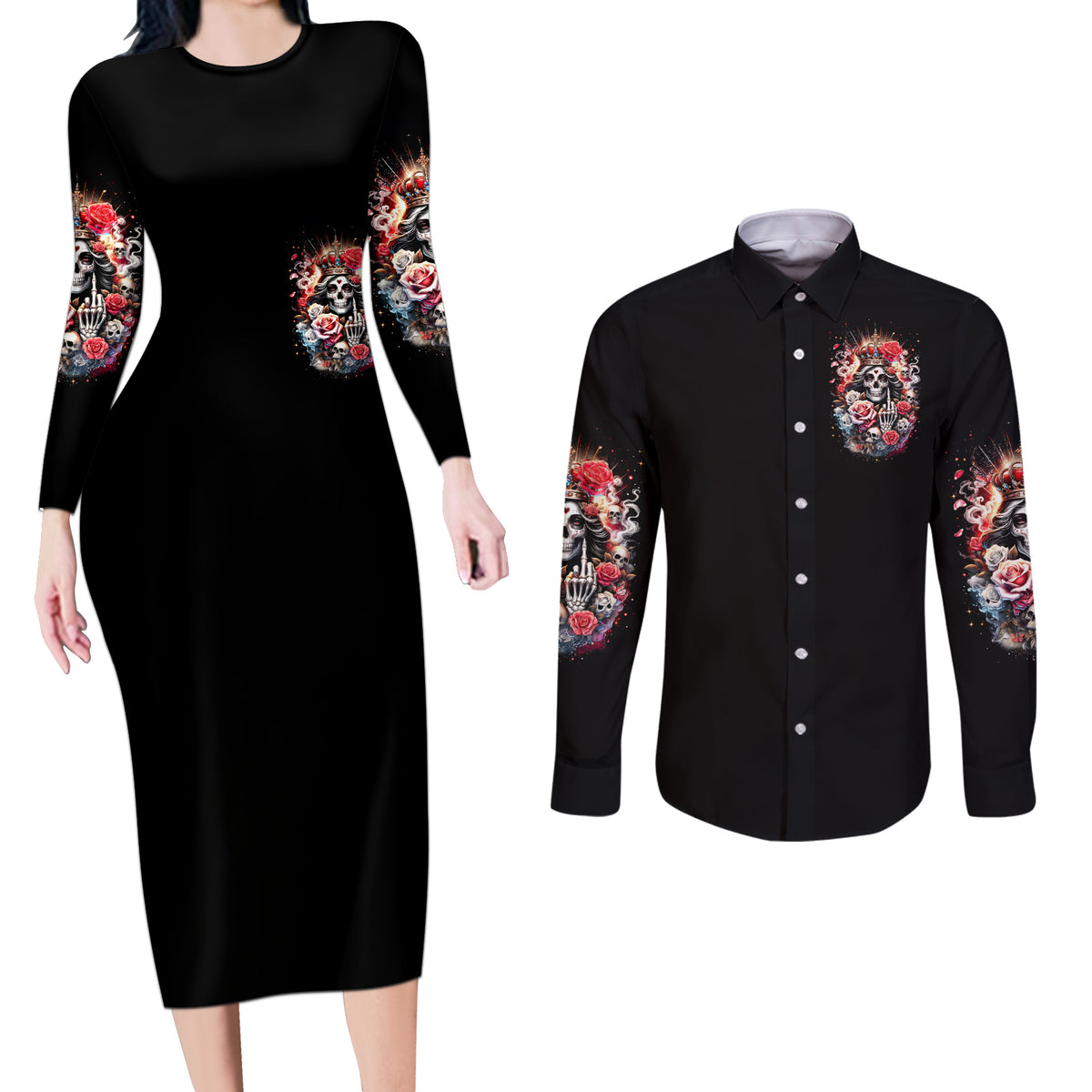 Rose Skull Couples Matching Long Sleeve Bodycon Dress and Long Sleeve Button Shirt Like Me Or Not I Don't Give A Flying Fuck - Wonder Print Shop