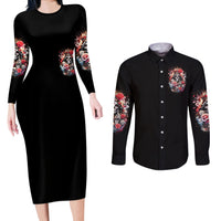 Rose Skull Couples Matching Long Sleeve Bodycon Dress and Long Sleeve Button Shirt Like Me Or Not I Don't Give A Flying Fuck - Wonder Print Shop