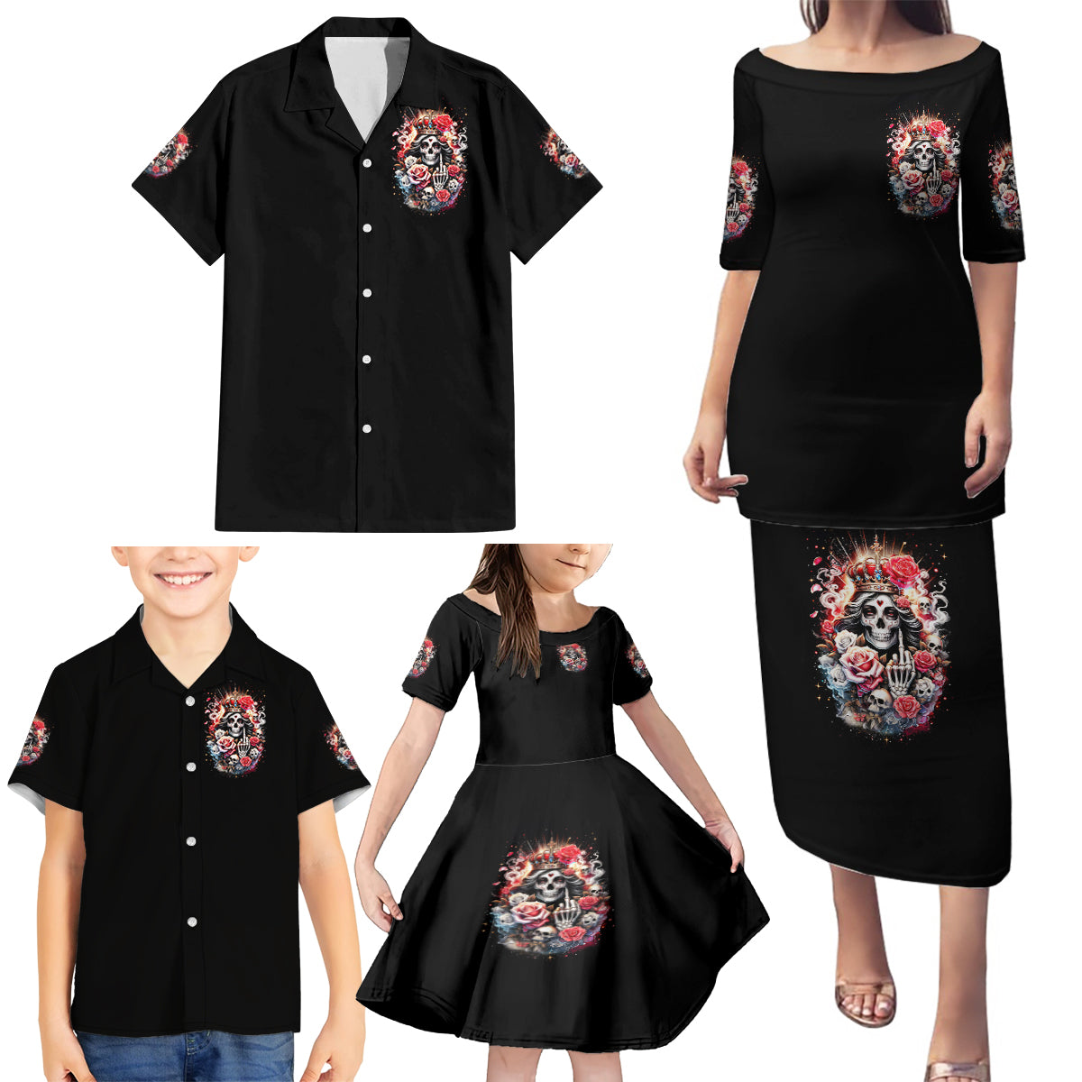 Rose Skull Family Matching Puletasi and Hawaiian Shirt Like Me Or Not I Don't Give A Flying Fuck - Wonder Print Shop