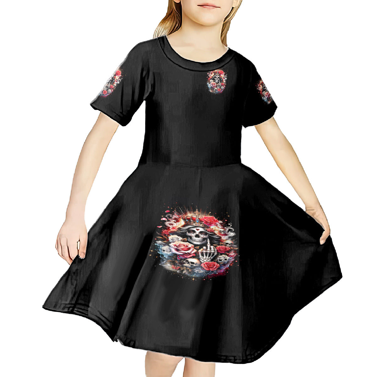 Rose Skull Kid Short Sleeve Dress Like Me Or Not I Don't Give A Flying Fuck - Wonder Print Shop
