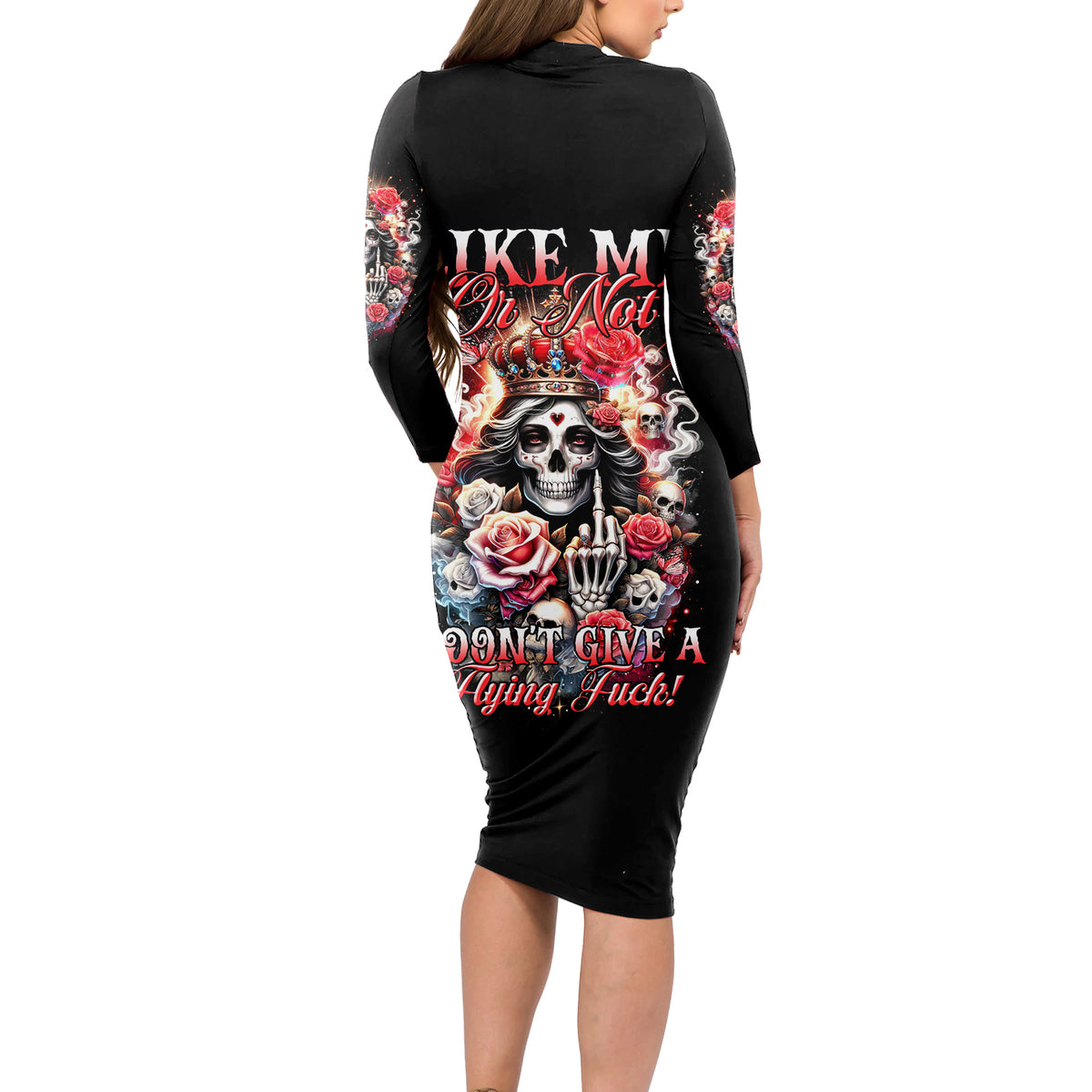Rose Skull Long Sleeve Bodycon Dress Like Me Or Not I Don't Give A Flying Fuck - Wonder Print Shop