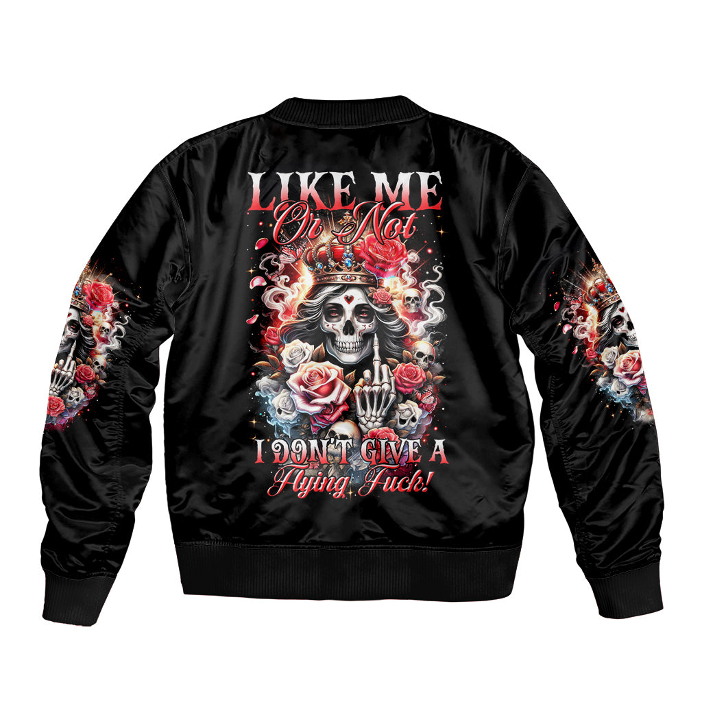 Rose Skull Sleeve Zip Bomber Jacket Like Me Or Not I Don't Give A Flying Fuck - Wonder Print Shop