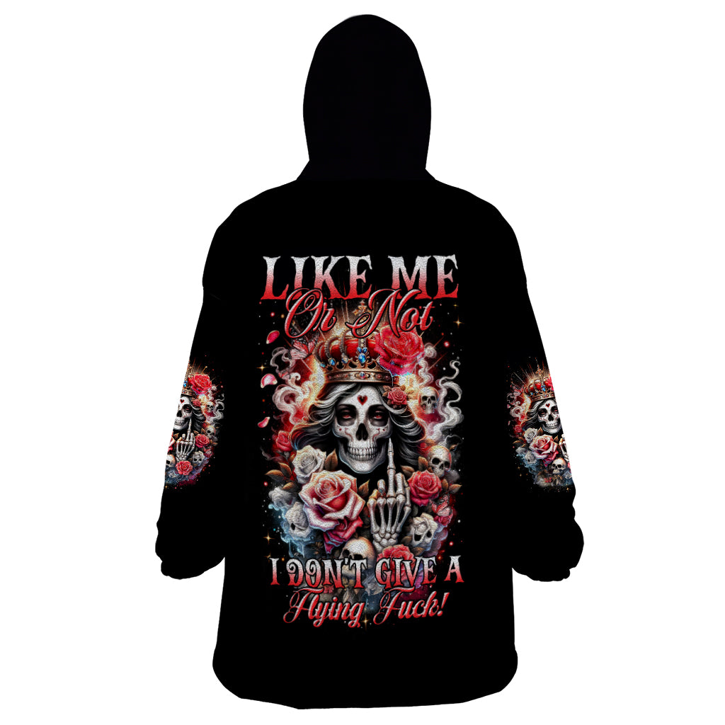Rose Skull Wearable Blanket Hoodie Like Me Or Not I Don't Give A Flying Fuck - Wonder Print Shop