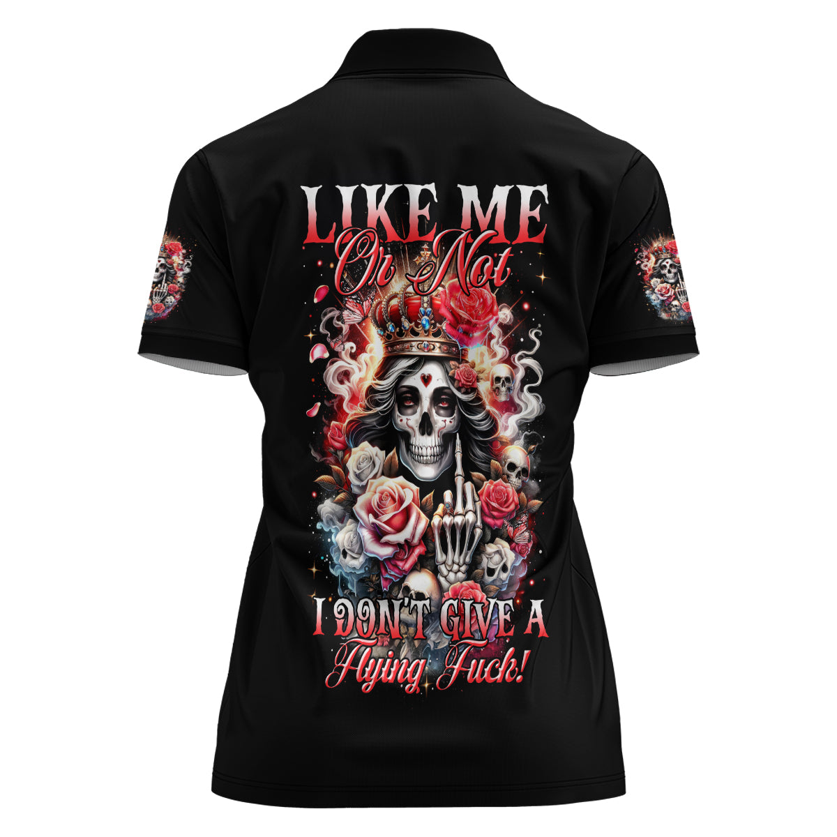 Rose Skull Women Polo Shirt Like Me Or Not I Don't Give A Flying Fuck - Wonder Print Shop