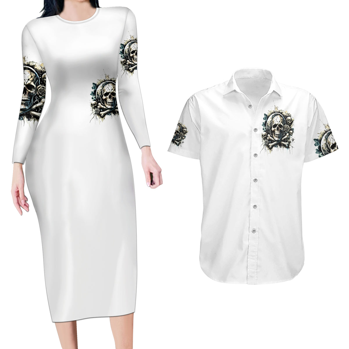Black Skull Couples Matching Long Sleeve Bodycon Dress and Hawaiian Shirt Hello Darkness My Old Friend - Wonder Print Shop