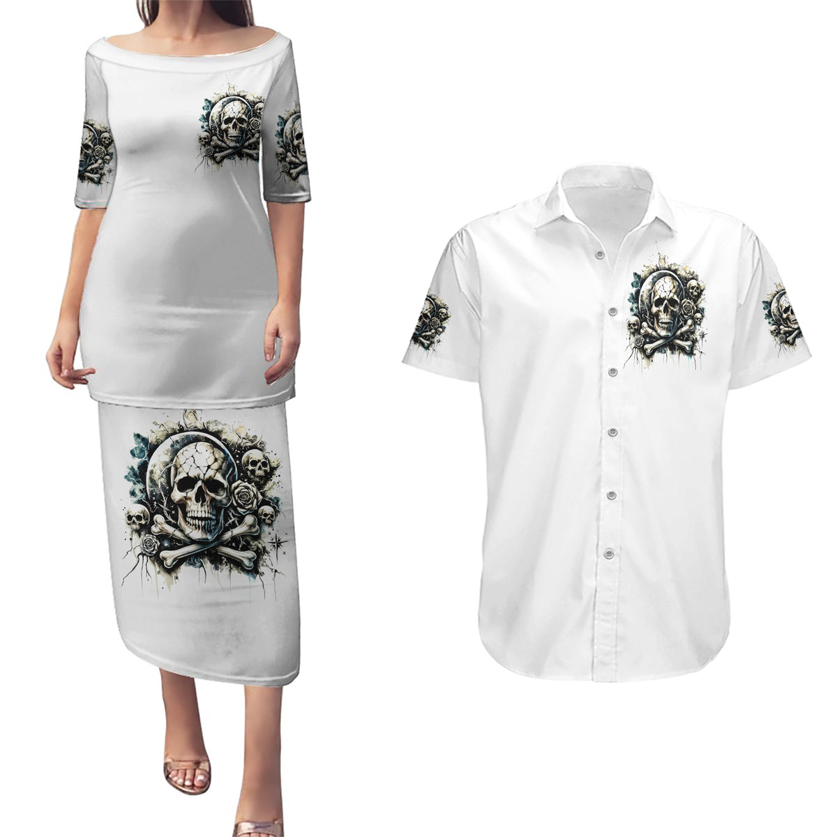 Black Skull Couples Matching Puletasi and Hawaiian Shirt Hello Darkness My Old Friend - Wonder Print Shop