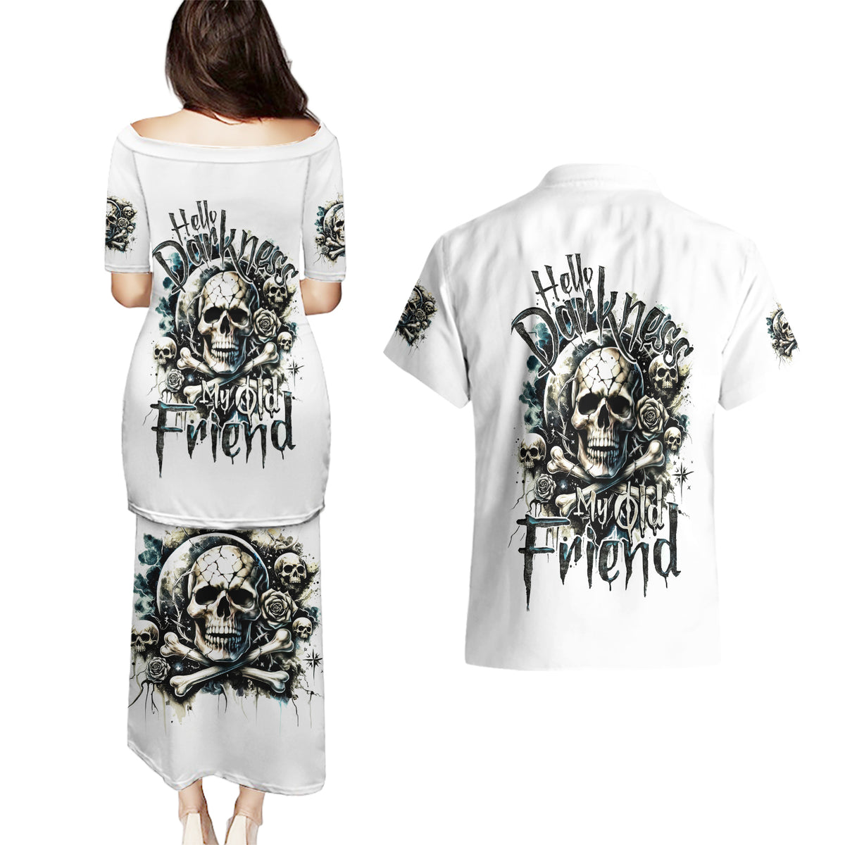 Black Skull Couples Matching Puletasi and Hawaiian Shirt Hello Darkness My Old Friend - Wonder Print Shop