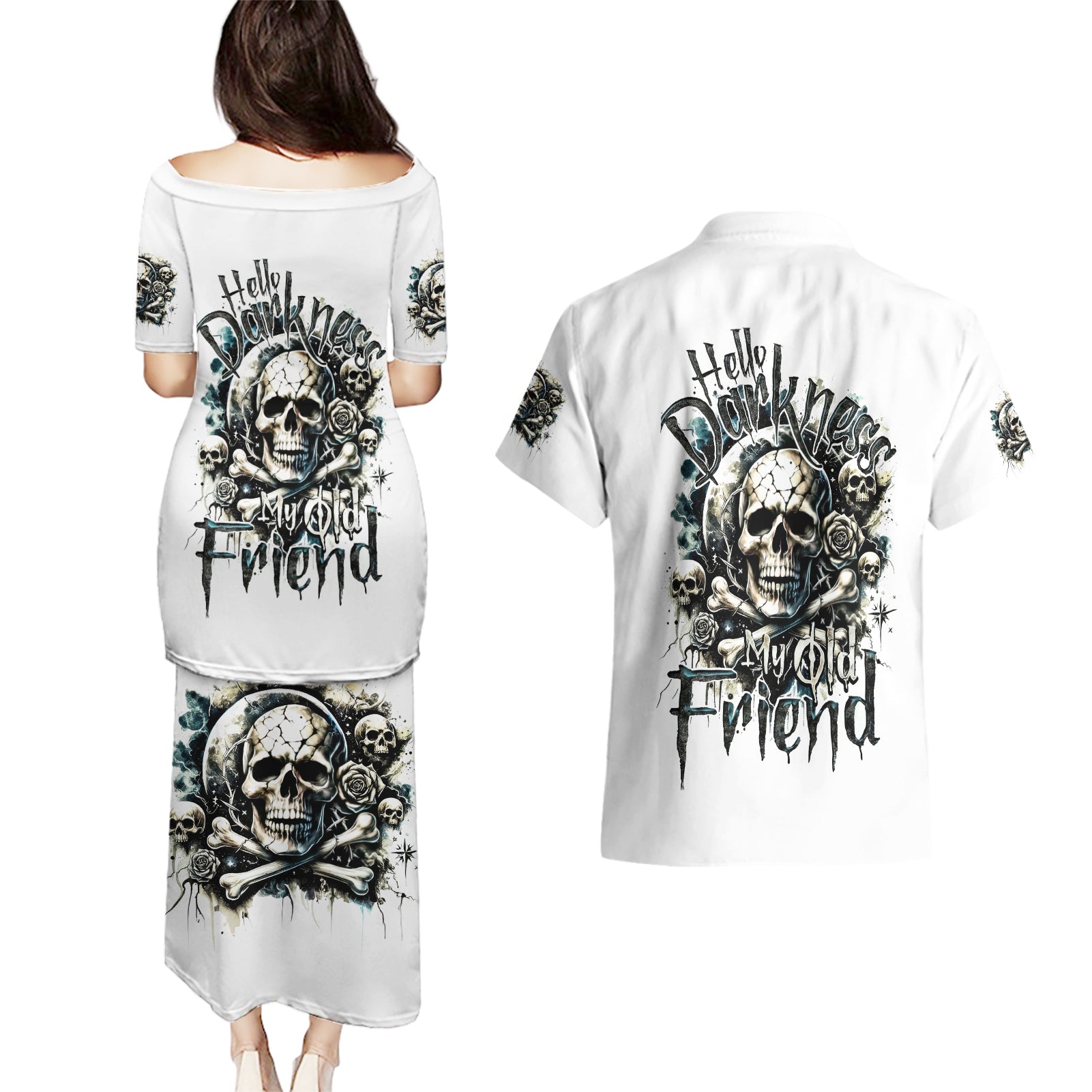 Black Skull Couples Matching Puletasi and Hawaiian Shirt Hello Darkness My Old Friend - Wonder Print Shop