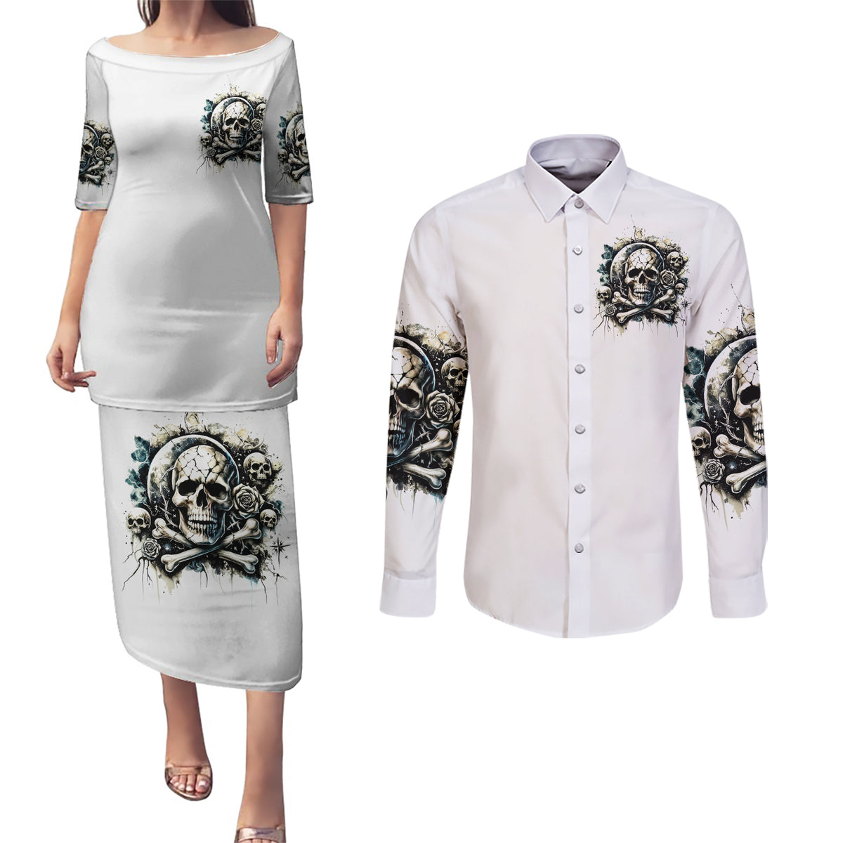 Black Skull Couples Matching Puletasi and Long Sleeve Button Shirt Hello Darkness My Old Friend - Wonder Print Shop