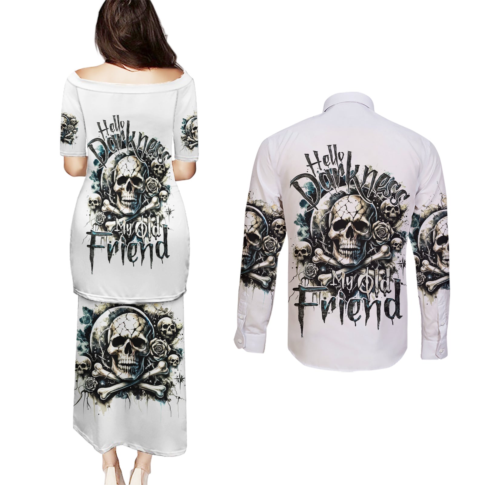 Black Skull Couples Matching Puletasi and Long Sleeve Button Shirt Hello Darkness My Old Friend - Wonder Print Shop