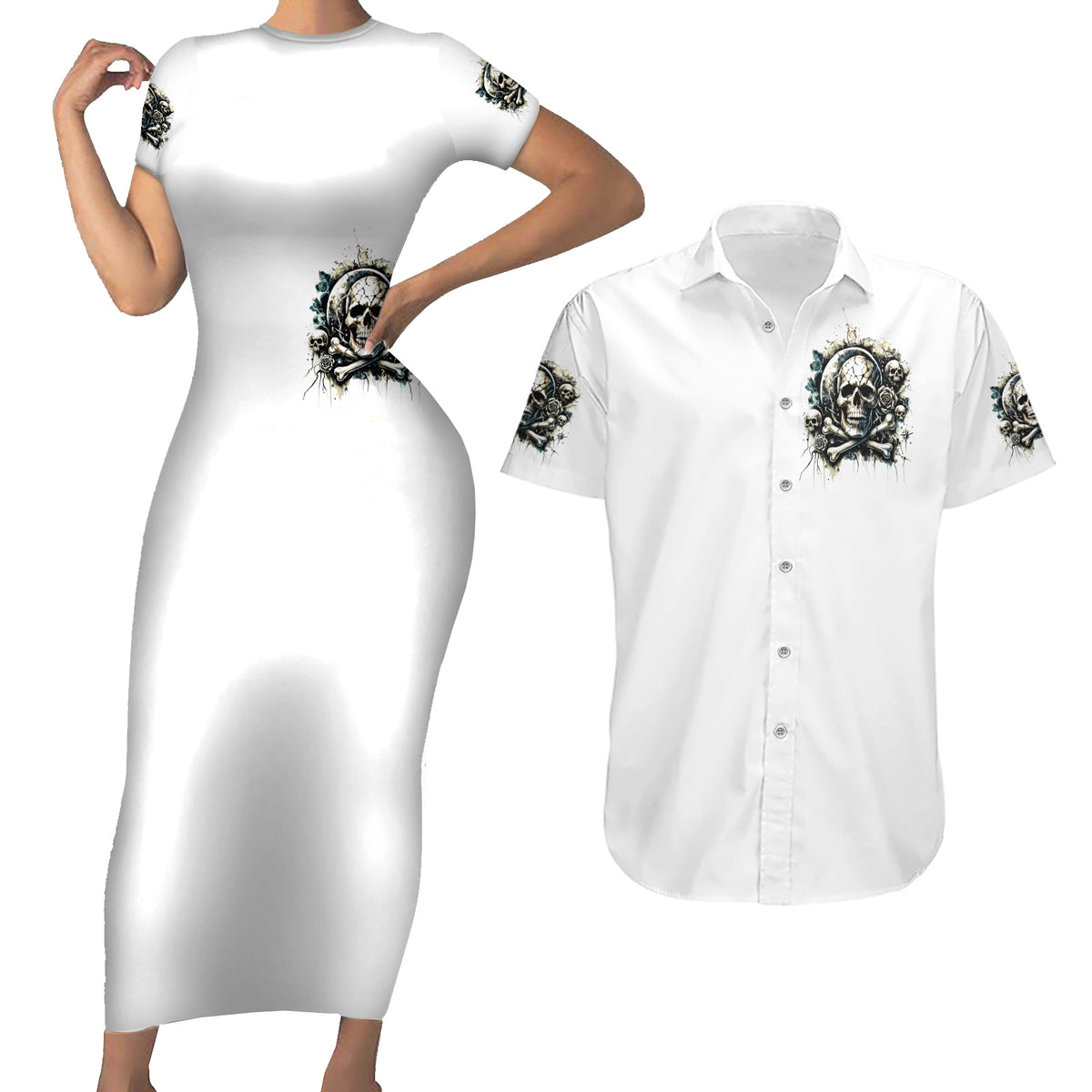 Black Skull Couples Matching Short Sleeve Bodycon Dress and Hawaiian Shirt Hello Darkness My Old Friend - Wonder Print Shop