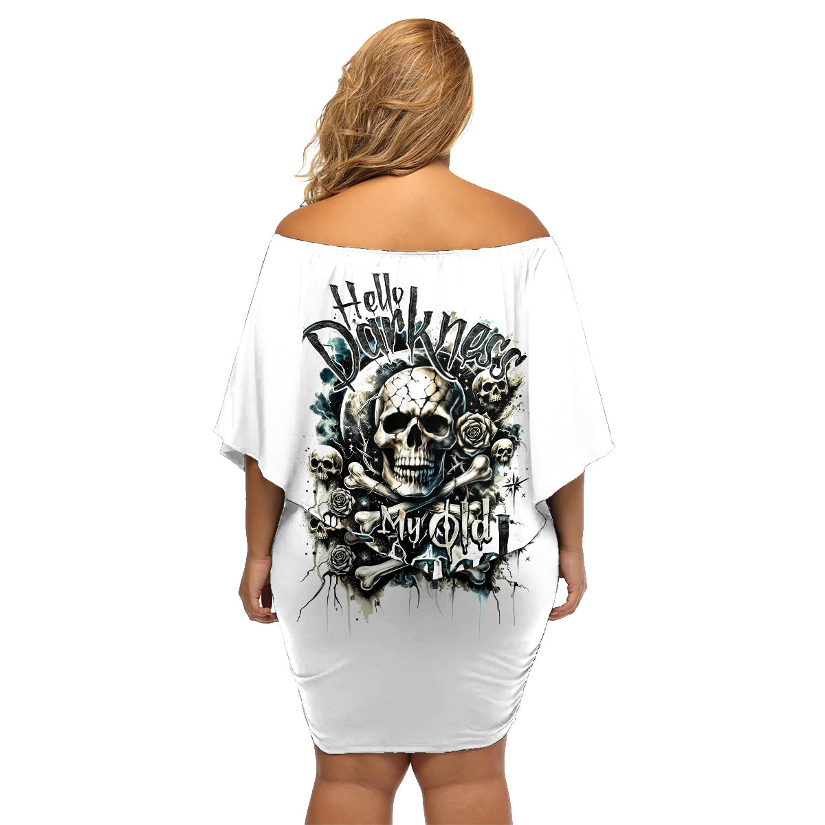 Black Skull Family Matching Off Shoulder Short Dress and Hawaiian Shirt Hello Darkness My Old Friend - Wonder Print Shop